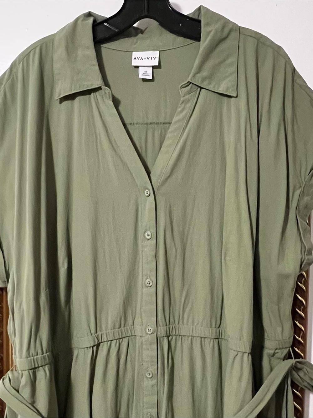 NWOT Ava & Viv Sage Green Button-Front Tie-Waist Midi Dress 100% Cotton - Picture 3 of 7
